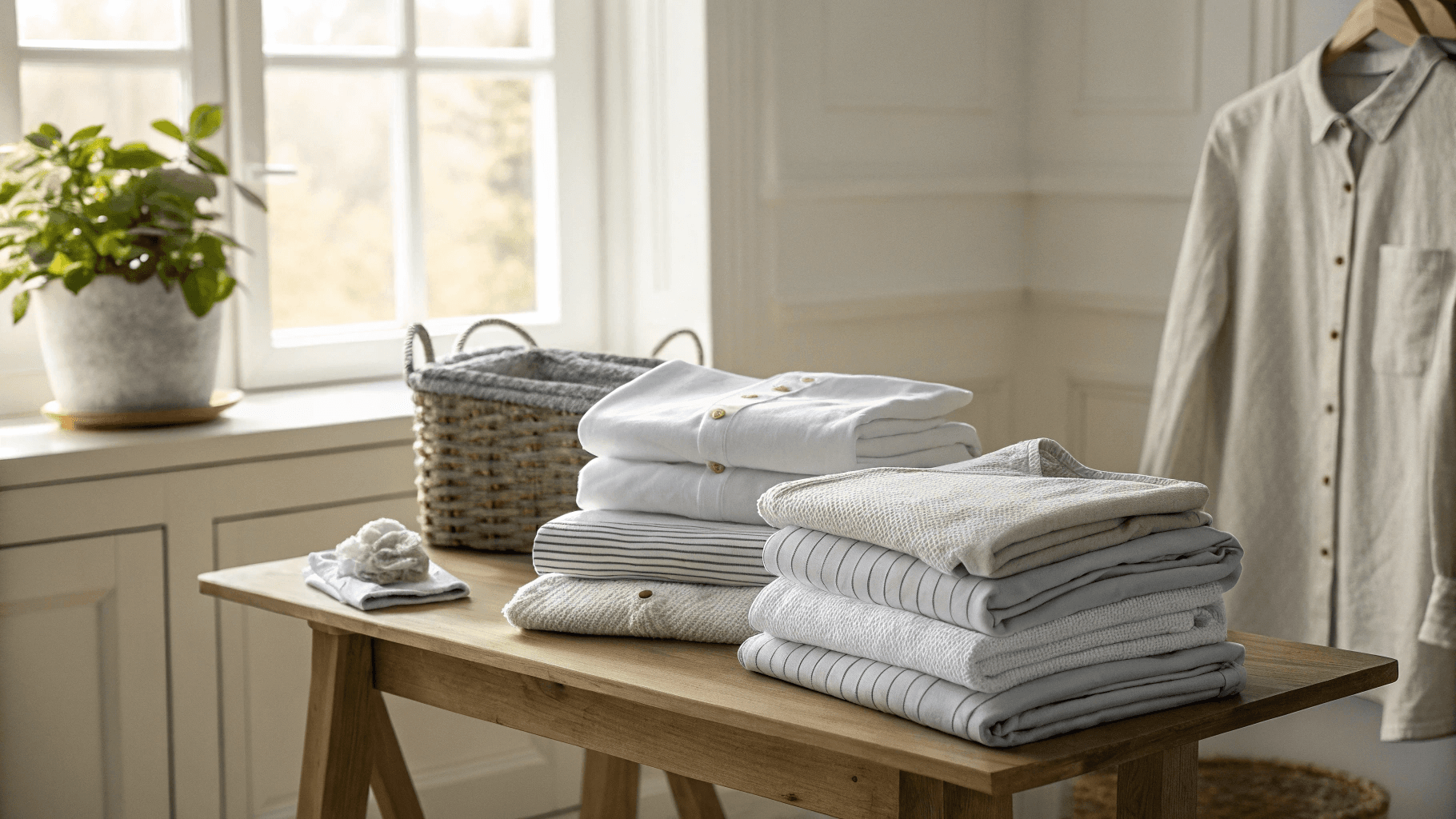 Rent, sammenbrettet tøy på minimalistisk bord - profesjonell vaskeritjeneste